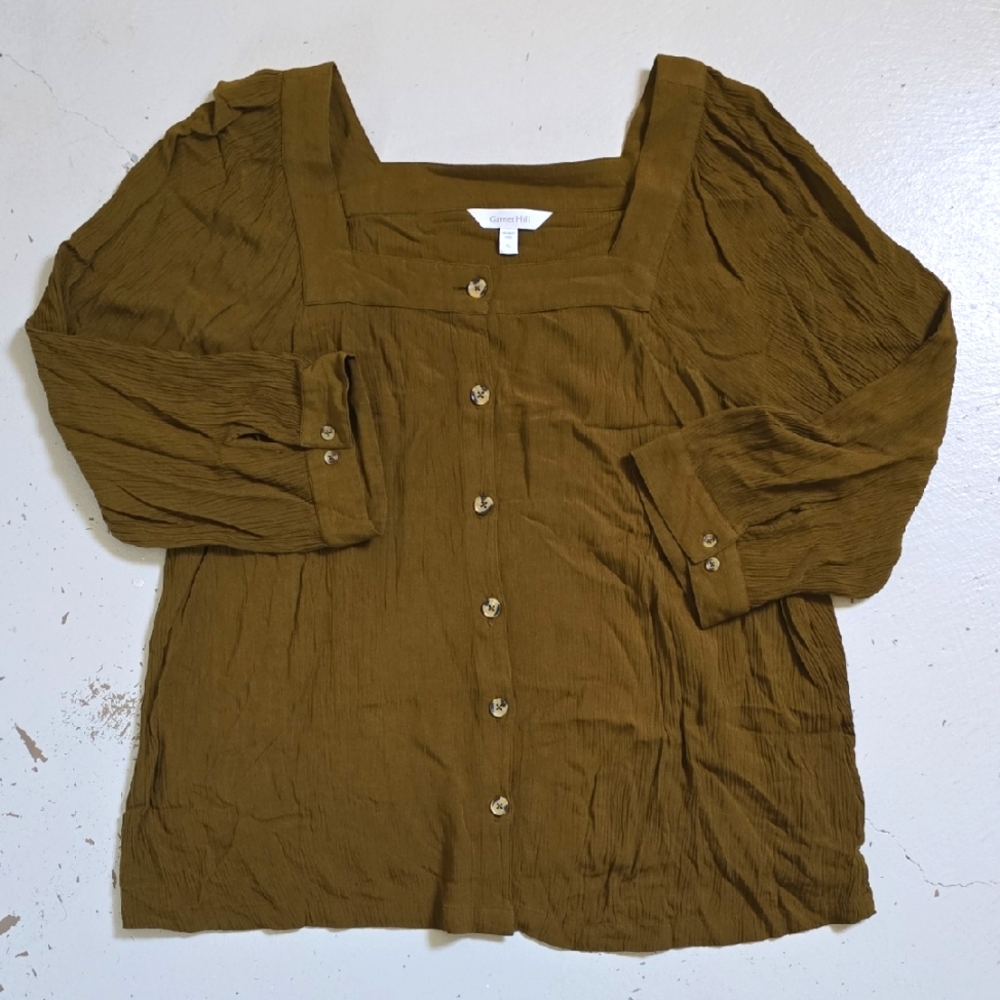 Garnet Hill Women's Blouse Olive Green Gauzey Size XL